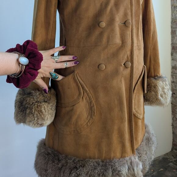 Vintage Brown Suede Fur Trim Penny Lane Jacket Furry Leather Trench Coat Medium - Picture 3 of 16